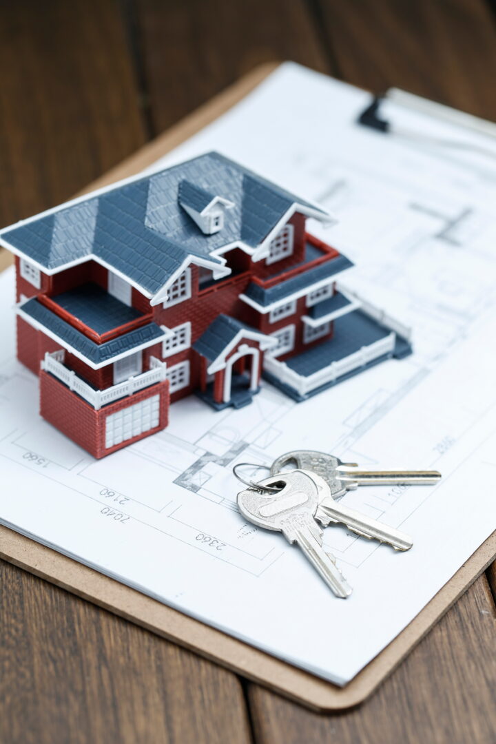 villa house model key drawing retro desktop real estate sale concept